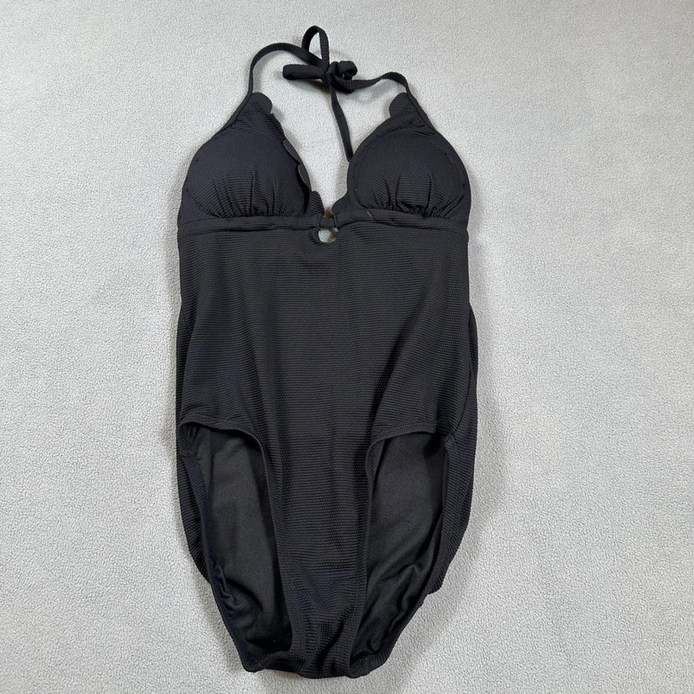 Time and Tru Womens Black Textured Scalloped Halter One Piece Swimsuit S 4-6